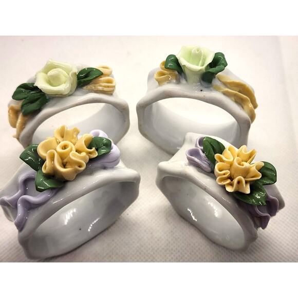 NAPKIN RINGS-Porcelain-3D Flowers-Yellow-Green-Set of 4 - Picture 2 of 16